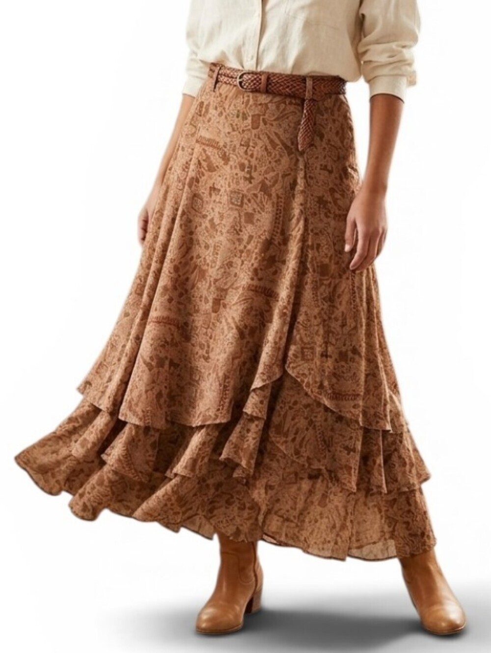 ​Coldwater Creek Vintage Brown Tiered Floral Midi Skirt Boho Petite XS
